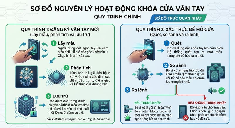 Sơ đồ nguyên lý hoạt động của khóa cửa vân tay từng bước