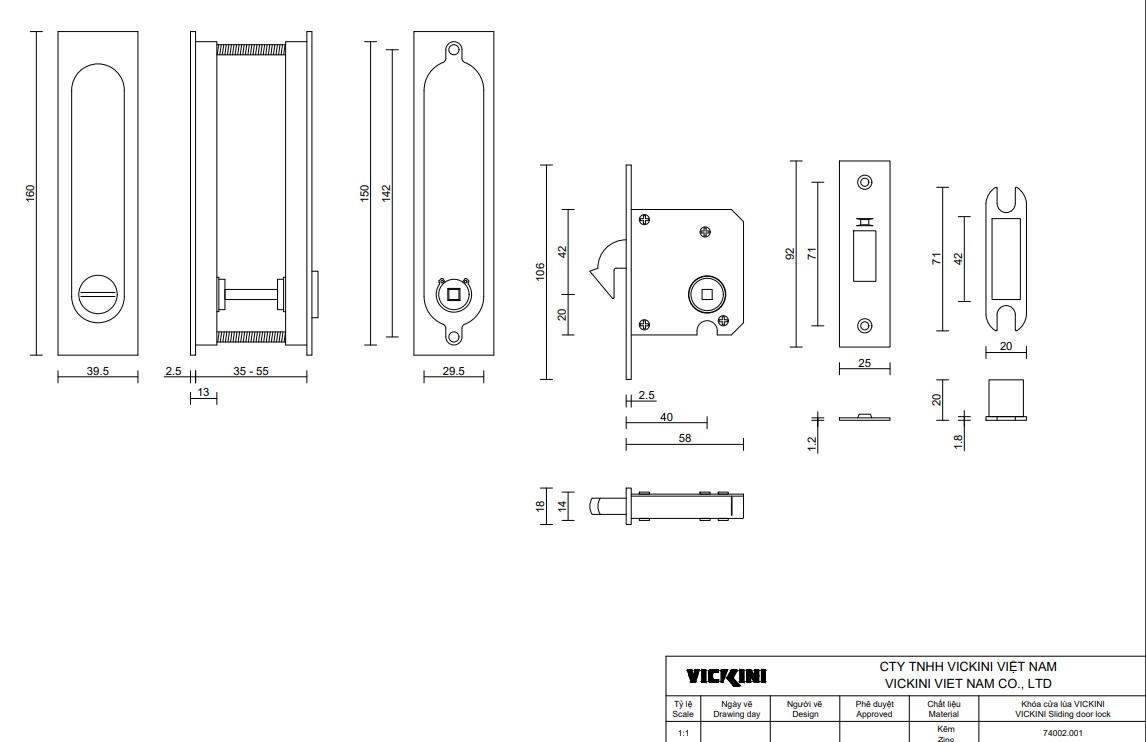 Thông số khóa cửa lùa VICKINI 74002.001 màu vàng 